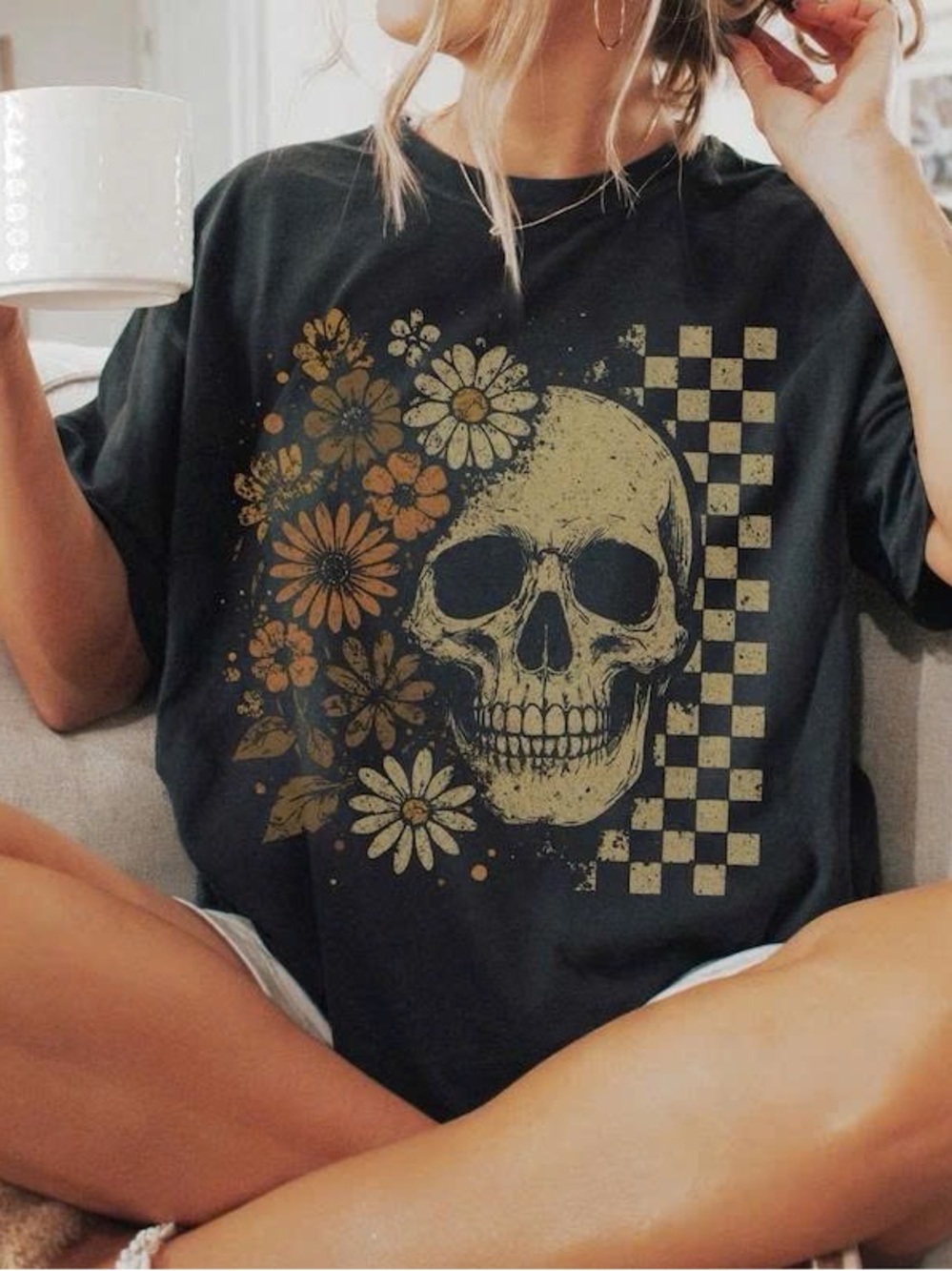 Black Tee with Gold Skull & Floral Graphic